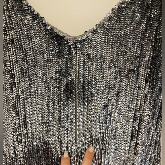 Retrofete Rebecca  Grey Velvet Trimmed Sequined Chiffon Dress ( No Belt) - Picture 8 of 11